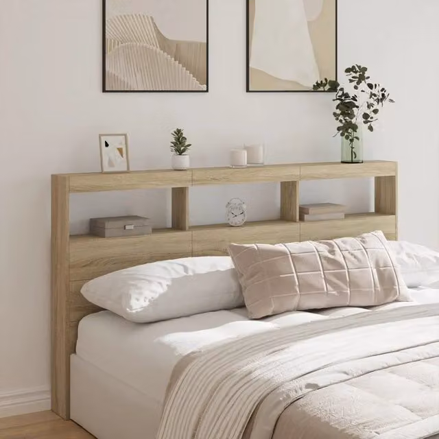 Testiera con Contenitore Design Mania in Rovere Sonoma con LED, Ripiani e Porta USB, L 180 x P 17 x H 102 cm
