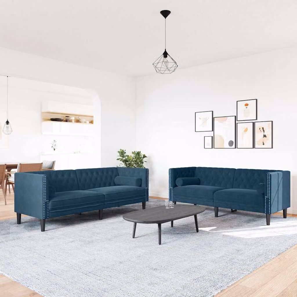 Set di 2 Divani Chesterfield vidaXL in Velluto Blu con Cuscini e Struttura in Legno Solido – 1