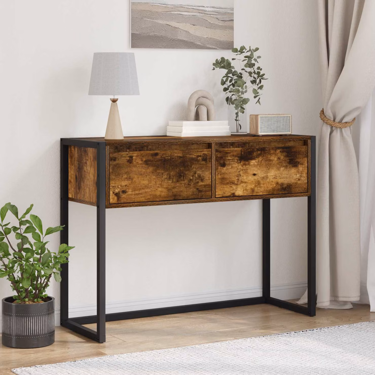 Tavolino da soggiorno vidaXL in legno e metallo stile industriale, colore marrone quercia, L 100 x P 36 x H 75 cm