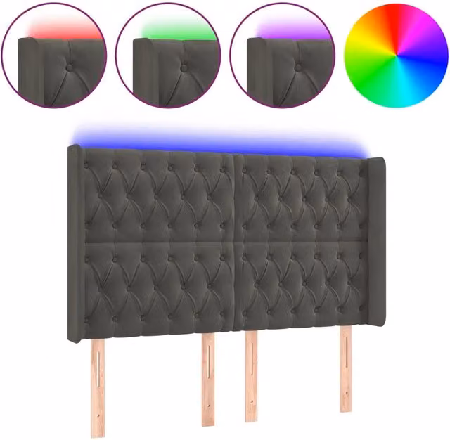 Testata del letto con illuminazione LED e porta USB in velluto grigio scuro L: 147 cm, P: 16 cm, H: 118/128 cm