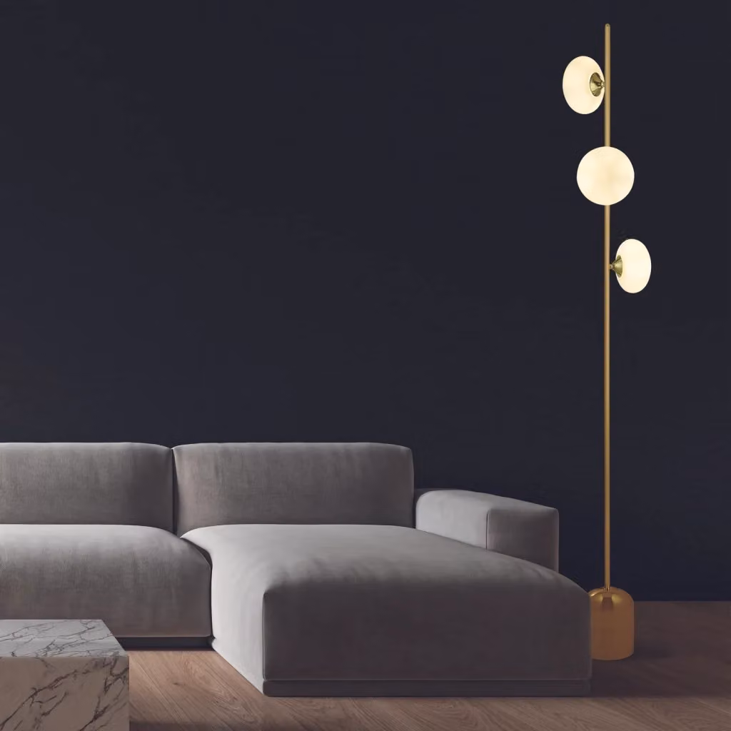 Lampada da terra Searchlight Ciottolo in ottone e vetro bianco con 3 luci G9 – 2