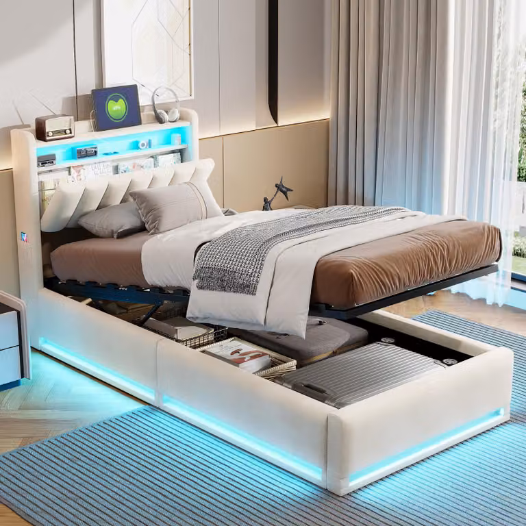 Letto imbottito 90x200 cm con sistema RGB, testiera con vano portaoggetti e porta USB Type-C, struttura del letto con rete a doghe, elevata capacità di carico fino a 500 kg, color beige, senza materasso