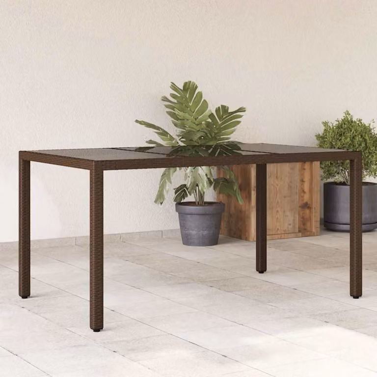 vidaXL Tavolo da giardino rettangolare in polyrattan marrone con piano in vetro L: 150 cm, P: 90 cm, H: 75 cm