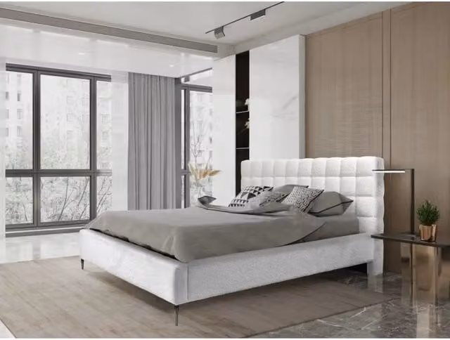 Letto MILLIO Meublorama in tessuto bouclé beige e bianco con struttura imbottita e rete inclusa L/P: 140 x 200 cm