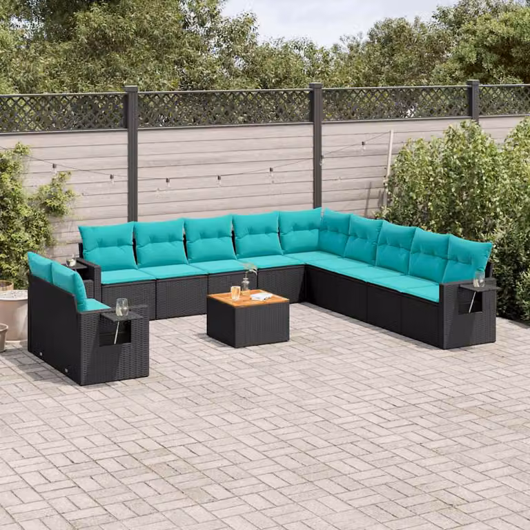 Set di divani da giardino vidaXL in polyrattan nero con cuscini a forma di U per terrazza e balcone
