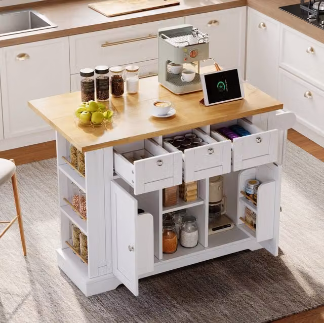 Isola cucina mobile in MDF con piano pieghevole 132 x 40/70 cm; 3 cassetti; prese elettriche e USB; bianco/naturale