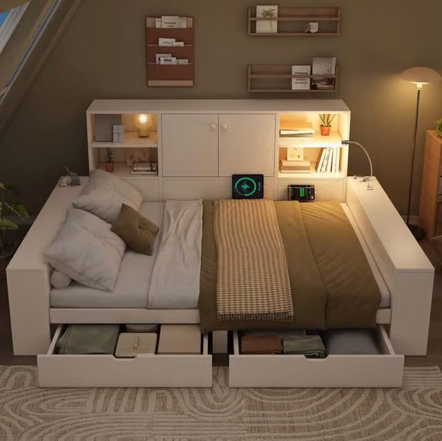 Letto contenitore 140x200 cm bianco con cassetti, USB/USB-C, luce da lettura e vani