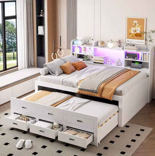 Letto multifunzionale estraibile 140x200 cm con LED; 3 cassetti; USB e Type-C; bianco