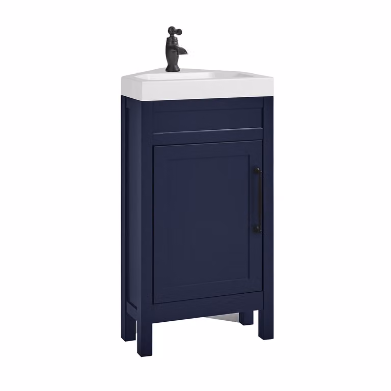 Mobile Bagno Angolare Blu Marino da 450mm con Lavabo e Maniglia Classica Nera con Barra a T - Warwick