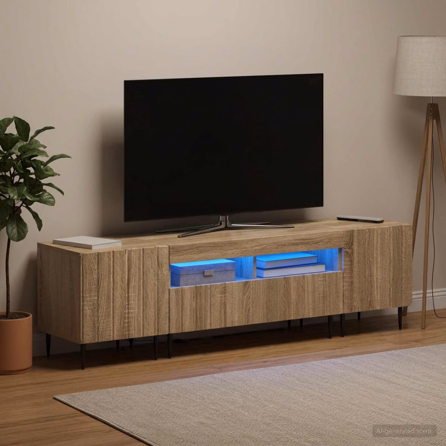 Mobile TV stand vidaXL ZWOLLE moderno in Rovere Sonoma con illuminazione LED integrata, marrone, L: 198,0 cm, P: 43,0 cm, H: 35,0 cm