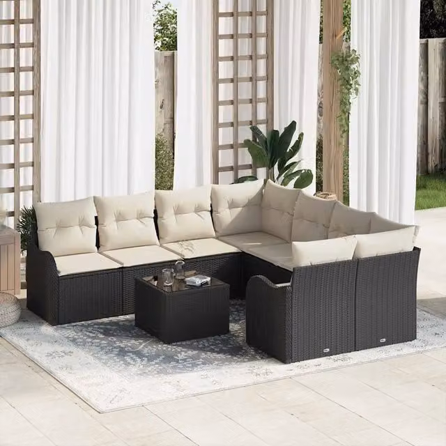 Set Divano da Giardino 9 pz 8-Numero di posti Nero e Crema 3354306