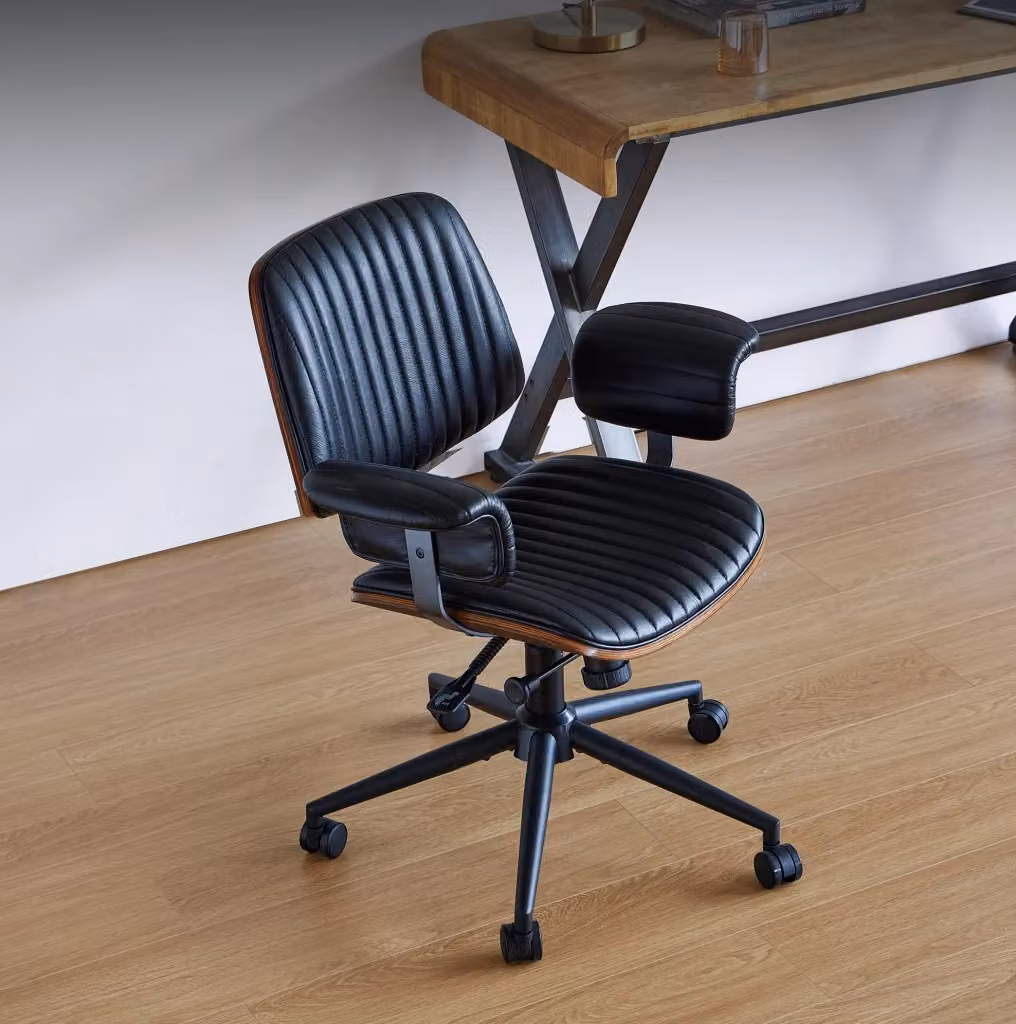 Sedia da ufficio moderna in vera pelle nera con braccioli imbottiti e ruote girevole a 360° – 2