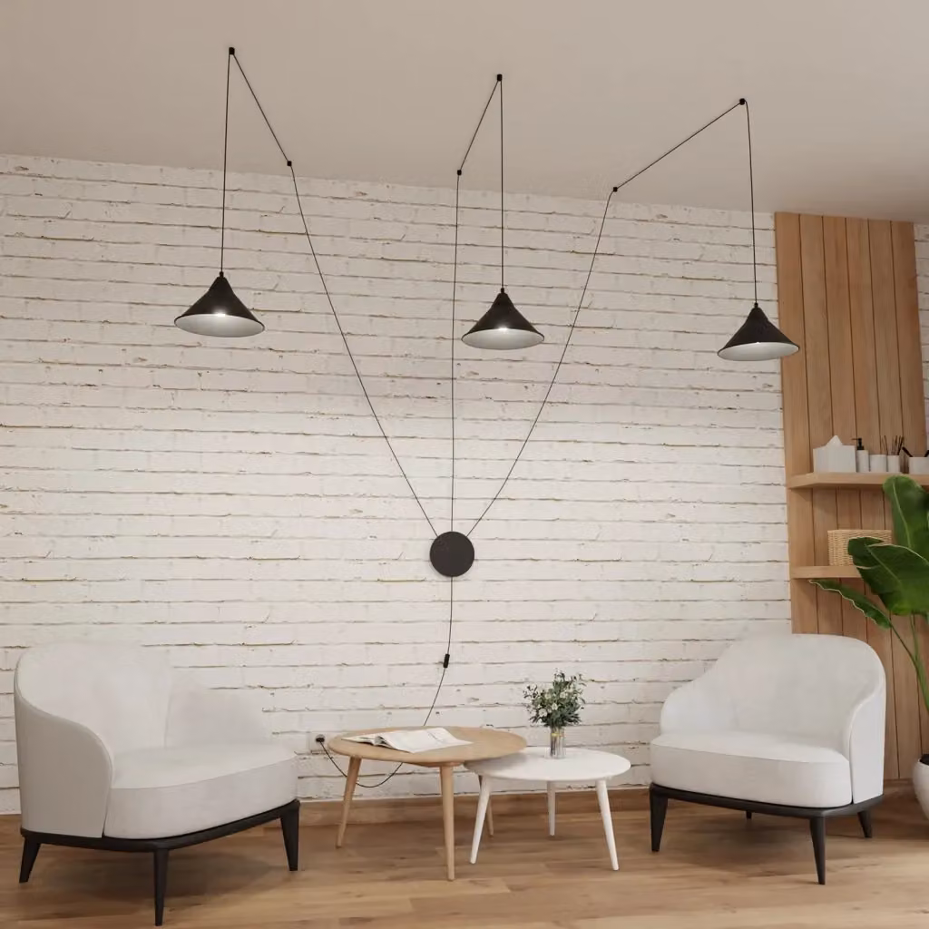 Lampada a sospensione moderna Myrddin Luceart-Classic con 3 luci in metallo nero e paralumi a cono – 2
