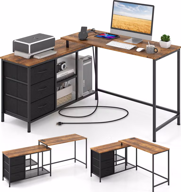 COSTWAY Scrivania a L con presa di corrente, 3 cassetti in tessuto e ripiani in rete, scrivania per computer da 205 cm, scrivania angolare reversibile