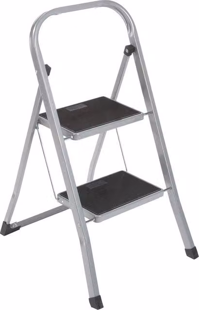 Scala pieghevole a 2 gradini in acciaio con piedi in gomma, portata massima 150 kg, colore argento/nero