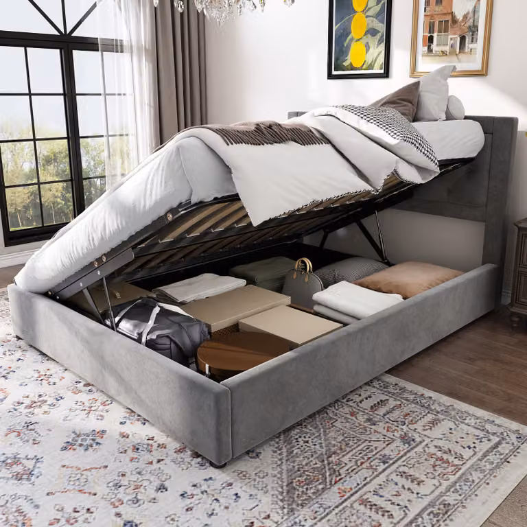Letto imbottito Merax 140x200cm con contenitore, letto matrimoniale a molle insacchettate con rete a doghe, letto giovanile in velluto letto contenitore letto in legno massiccio, grigio