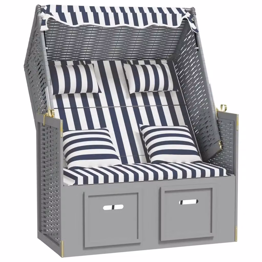 Strandkorb vidaXL in Polyrattan e Legno di Abete con Cuscini e Tendalino, Blu, Bianco e Grigio a Righe – 2