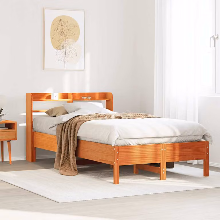 Letto in legno di pino massiccio vidaXL Marrone Cera con ripiani laterali e doghe piatte L: 100 cm, P: 200 cm