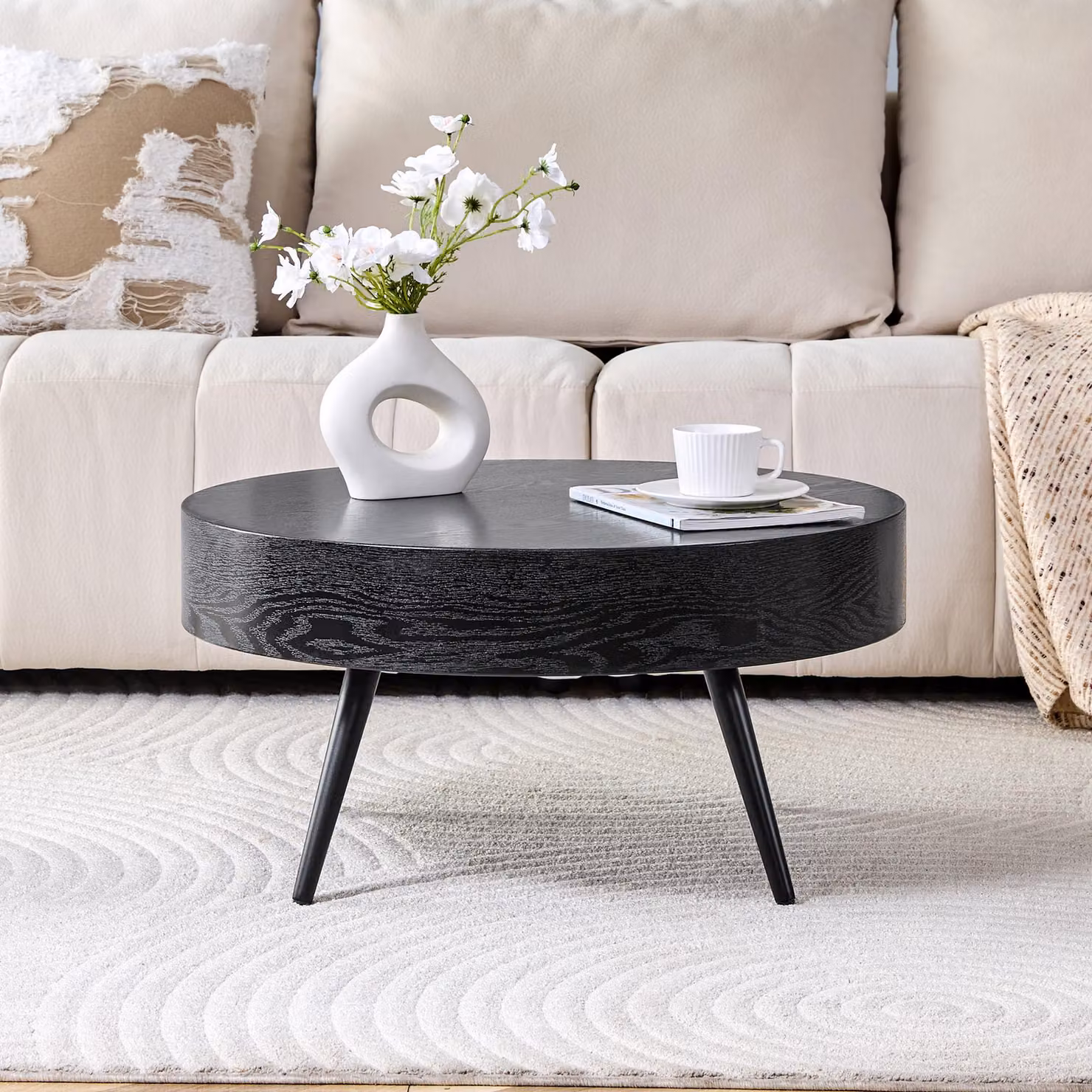 Tavolino rotondo, diametro 70 cm, aspetto legno (MDF), gambe in metallo, design minimalista (nero)