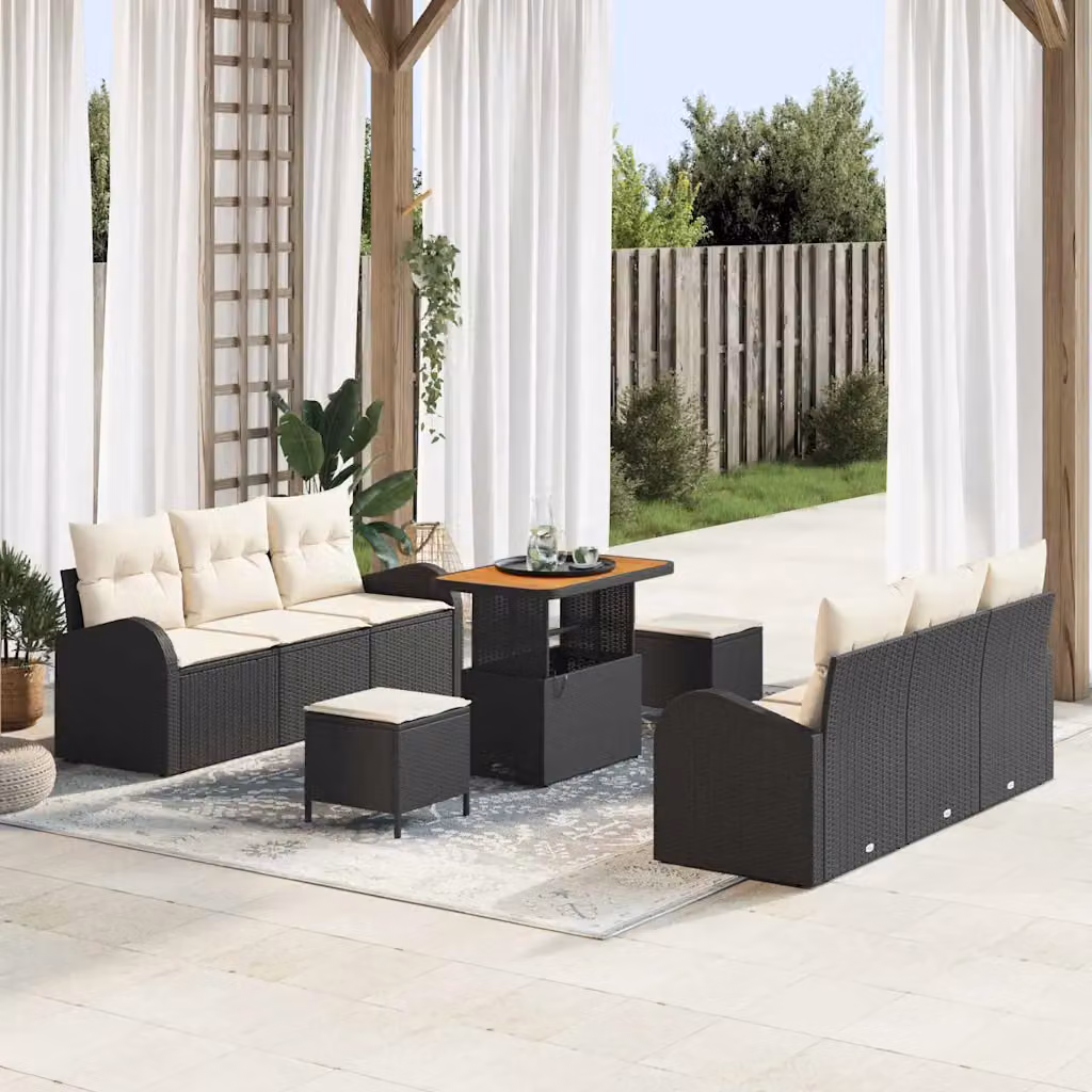 vidaXL Set Divano da Giardino 9 Pezzi con Cuscini Nero e Beige in Acciaio Verniciato a Polvere – 1