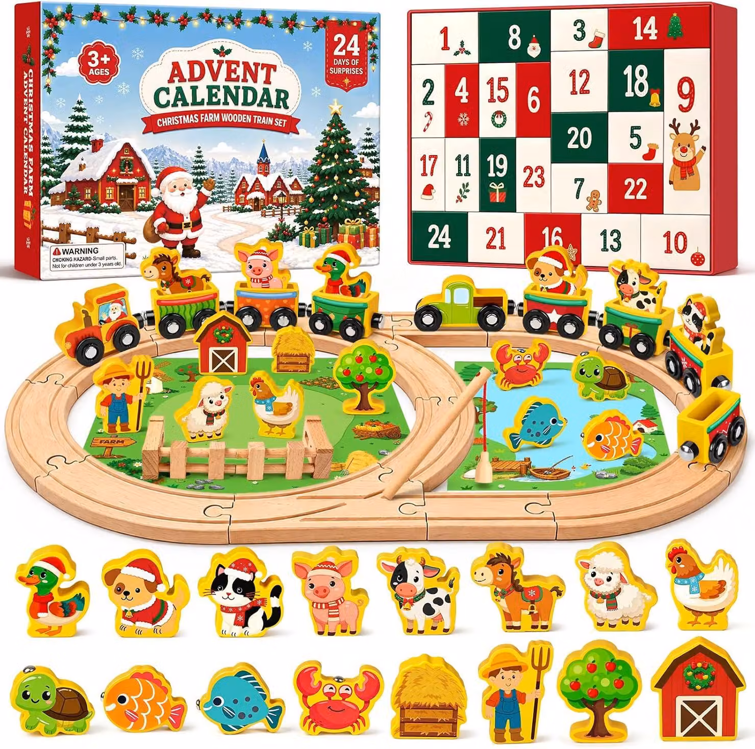 Calendario dell'Avvento 2026 per bambini, calendario con giocattoli, 24 giorni, trenino magnetico in legno, fattoria e animali