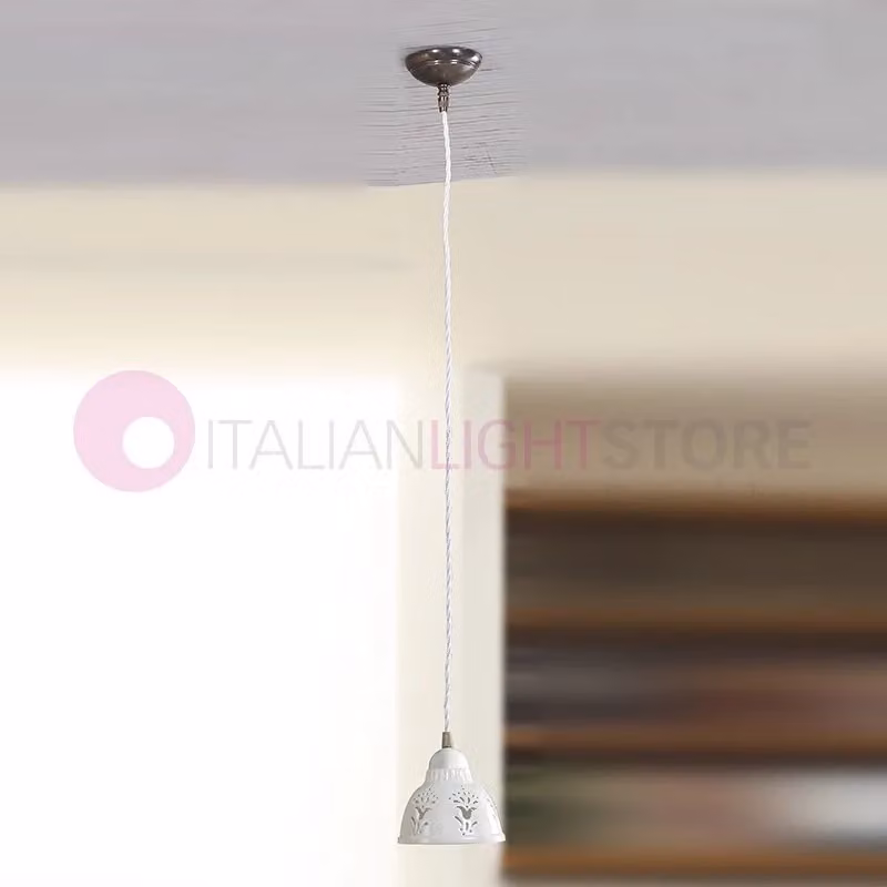 Lampada a sospensione MASSERIA di Ceramiche Borso in ceramica bianca e ottone, stile rustico country, diametro 13 cm – 2
