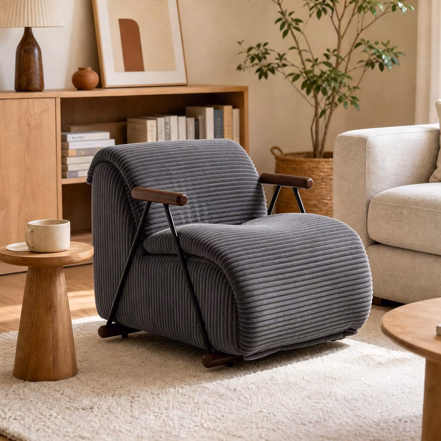 Poltrona relax LVHOM con rete a doghe, poltrona ergonomica per la televisione, poltrona lounge imbottita con braccioli, poltrona da lettura XXL, colore grigio
