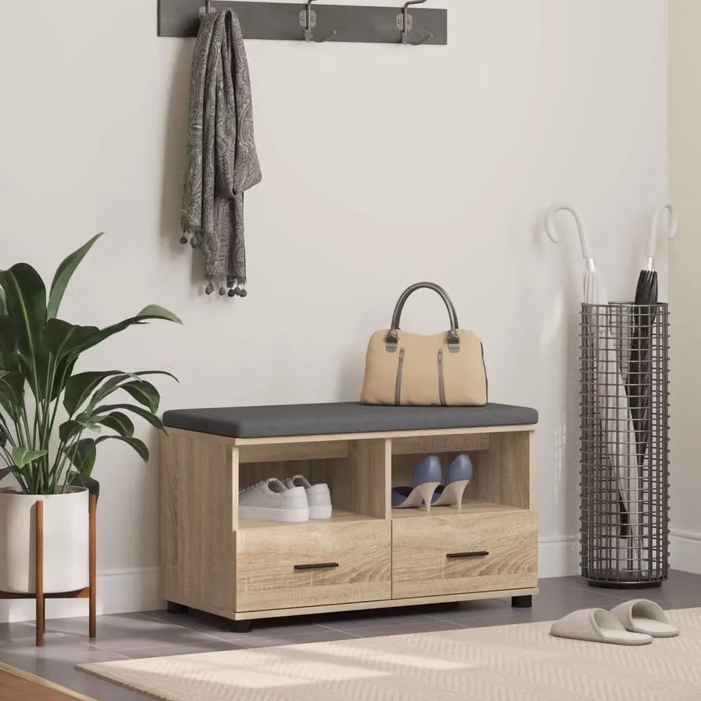 Panca per ingresso con portascarpe e cuscino in tessuto marrone, stile moderno, L 80 x P 38 x H 46 cm – 2