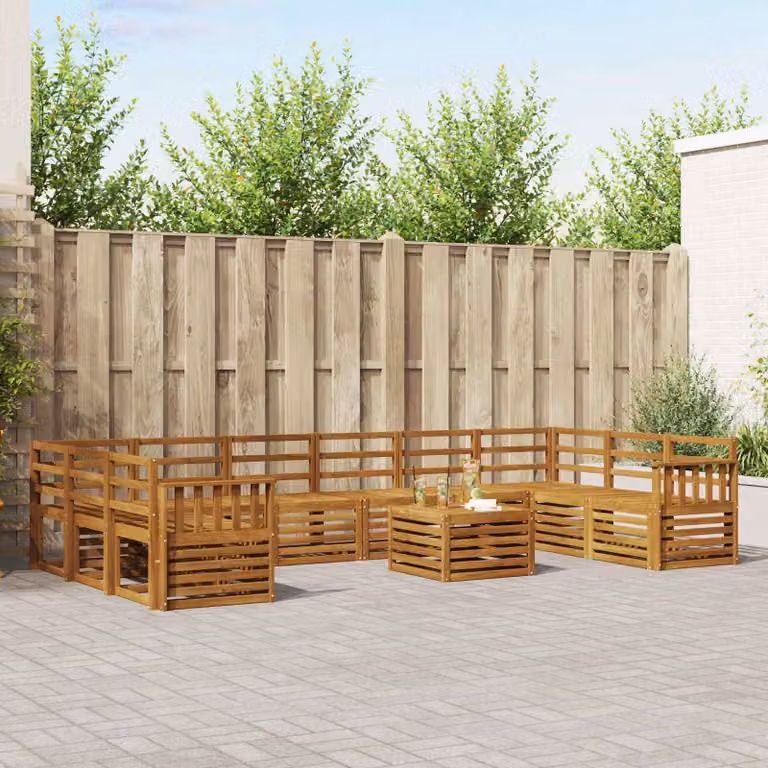 vidaXL Set di divani da esterno a forma di U in legno di acacia marrone con 11 pezzi e cuscini inclusi
