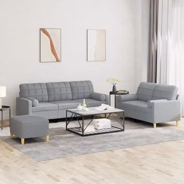Set di Divani vidaXL in Tessuto Grigio con Pouf e Cuscini per Soggiorno Moderno