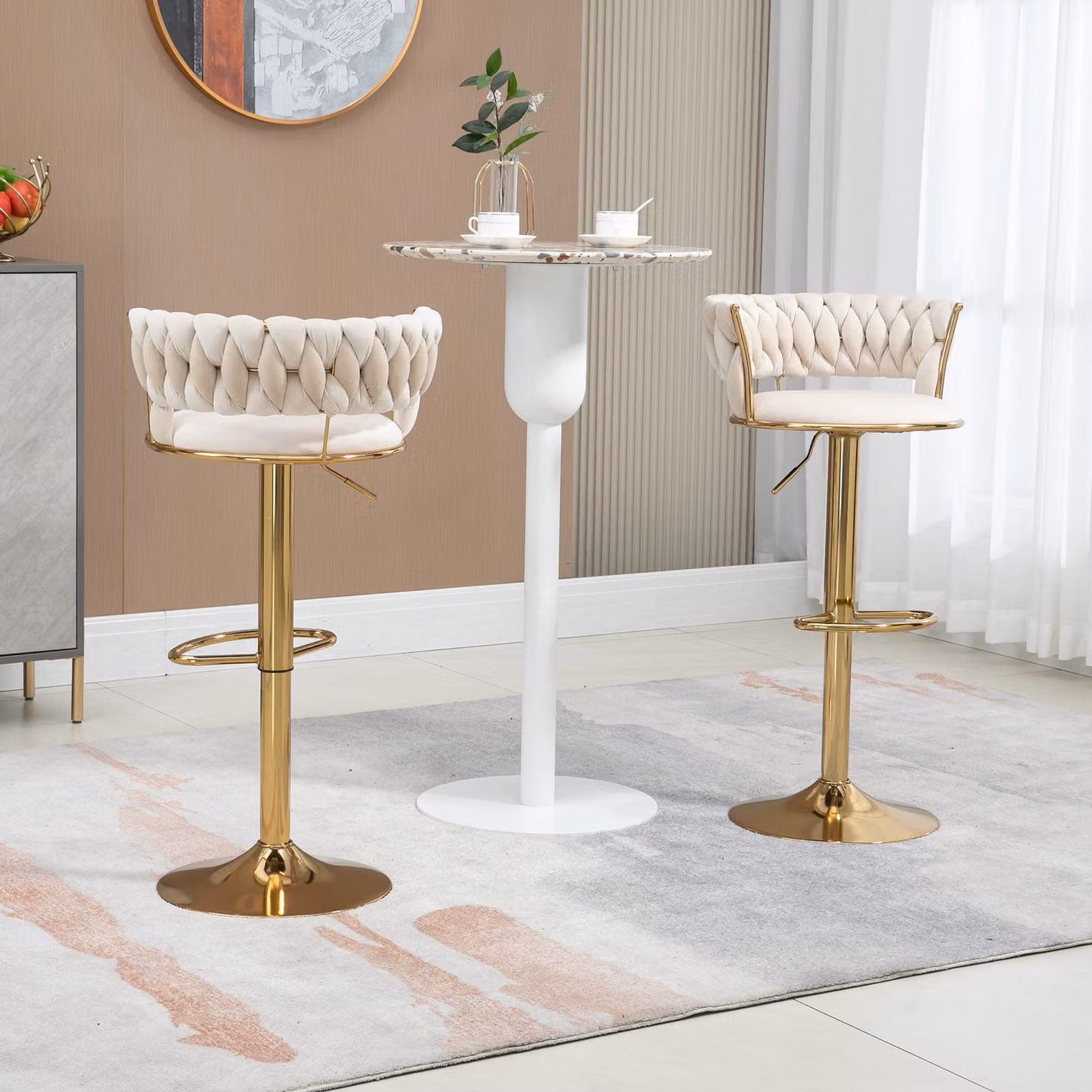 Set di 2 Sgabelli da Bar Gomyway in Velluto Bianco con Rotazione a 360° e Altezza Regolabile – 2