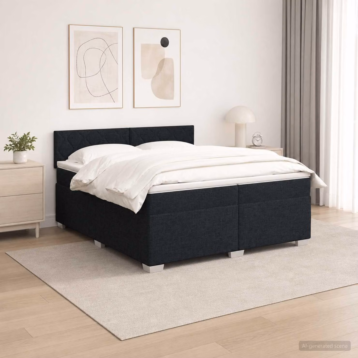 Letto matrimoniale con boxspring, materasso e illuminazione LED, colore nero, dimensioni 200 x 200 cm, rivestito in tessuto