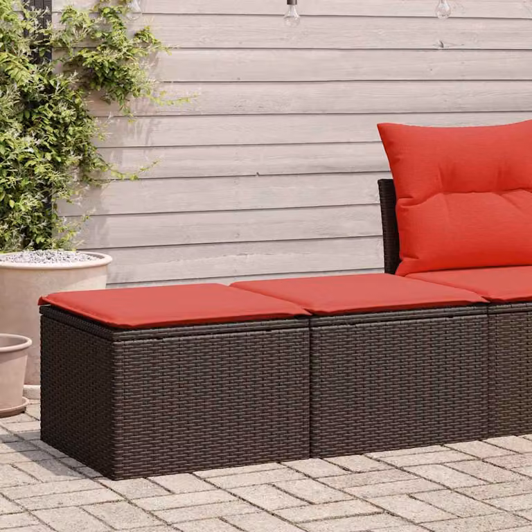 Set Divano da Giardino vidaXL 4 Pezzi con Cuscini e Ottoman in Polyrattan Marrone e Rosso con Struttura in Acciaio Verniciato a Polvere