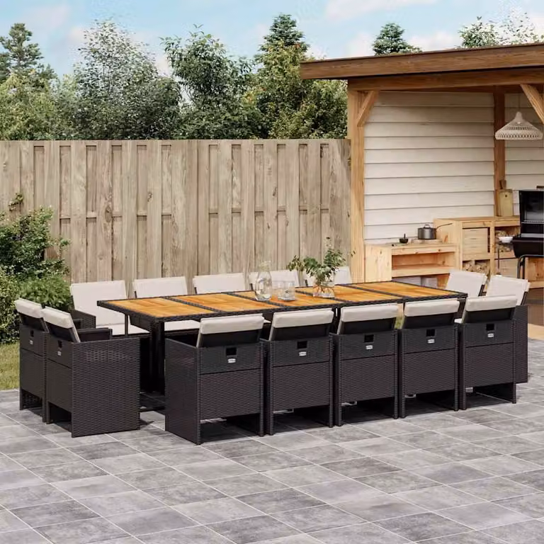 vidaXL Set da Pranzo da Giardino 15 pz in Polyrattan e Legno di Acacia con Cuscini Nero