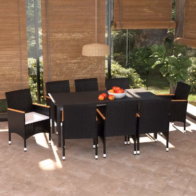 Set Pranzo da Giardino 9 pz con Cuscini in Polyrattan Nero 3095002