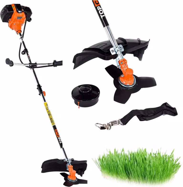 TOP CUT decespugliatore a benzina 2 tempi 51,7 cm³ - Peso 7,4 kg - Decespugliatore a benzina e tagliaerba a benzina con lama - Avvolgitore del filo e tracolla - Falce a motore - Piccolo tagliaerba - Decespugliatore a benzina
