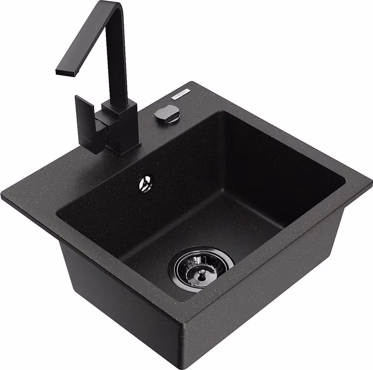 Mexen Milo lavello in granito a 1 vasca con miscelatore da cucina Rita, nero/oro metallico - 6505-75-670300-70-B