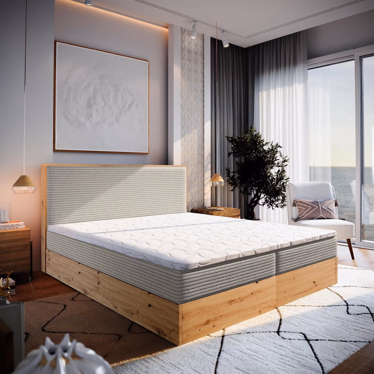 Letto a molle insacchettate Masseno VERDON 140x200 cm completo di materasso e topper Bonell, letto imbottito con cassettiera -Beige, LINCOLN 83