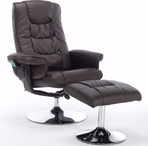 Sedia da massaggio AIORBER, con poggiapiedi, girevole a 360°, inclinabile a 135°, massaggiante e riscaldante, imbottitura inPoliuretanoe base cromata, per soggiorno studio, 79x79x106cm, marrone