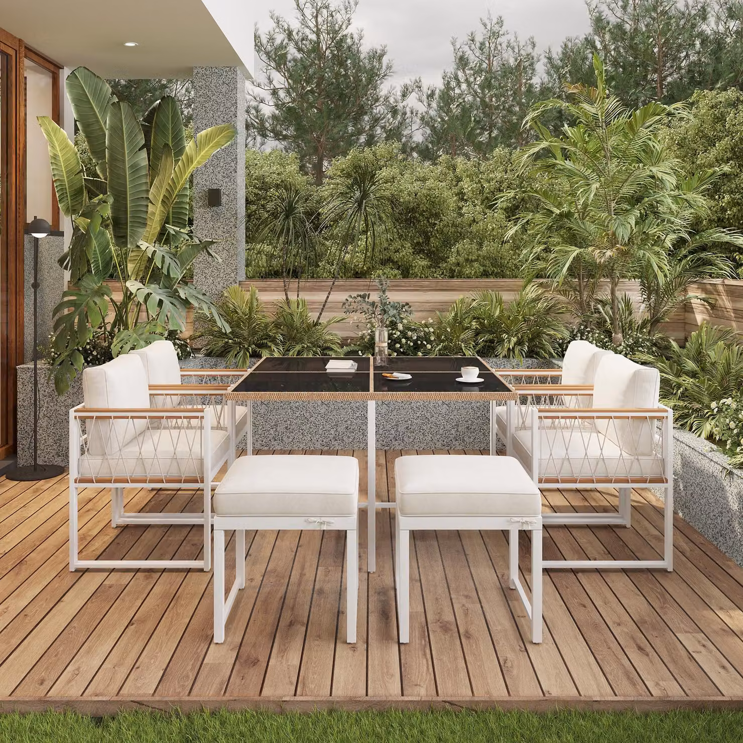 Set da pranzo da esterno GL Store composto da 7 pezzi con tavolo rettangolare in vetro temperato e sedute in rattan con cuscini, ideale per 6 persone, Nero e Bianco – 2