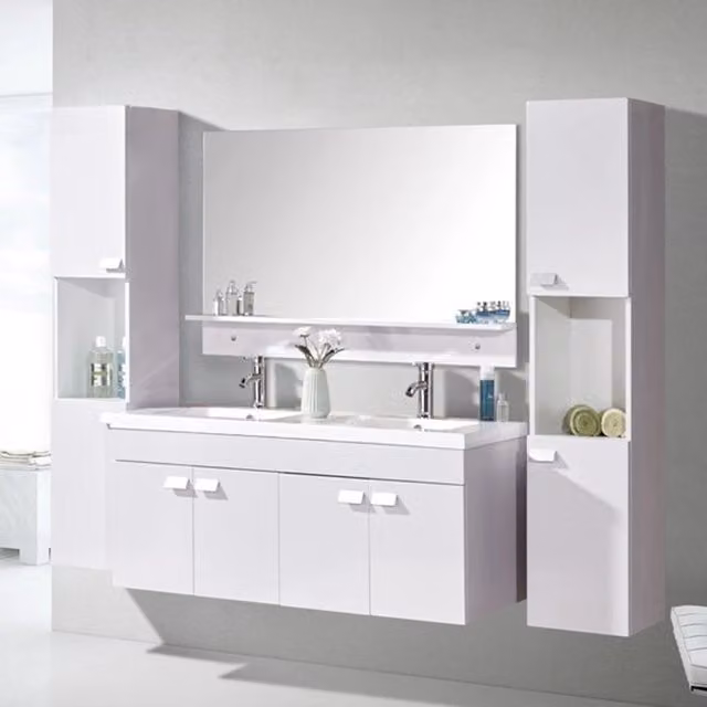 Set mobile bagno moderno Simbashopping bianco con base lavabo, colonna alta e pensile specchio in MDF laccato L: 120 cm, P: 46 cm, H: 150 cm
