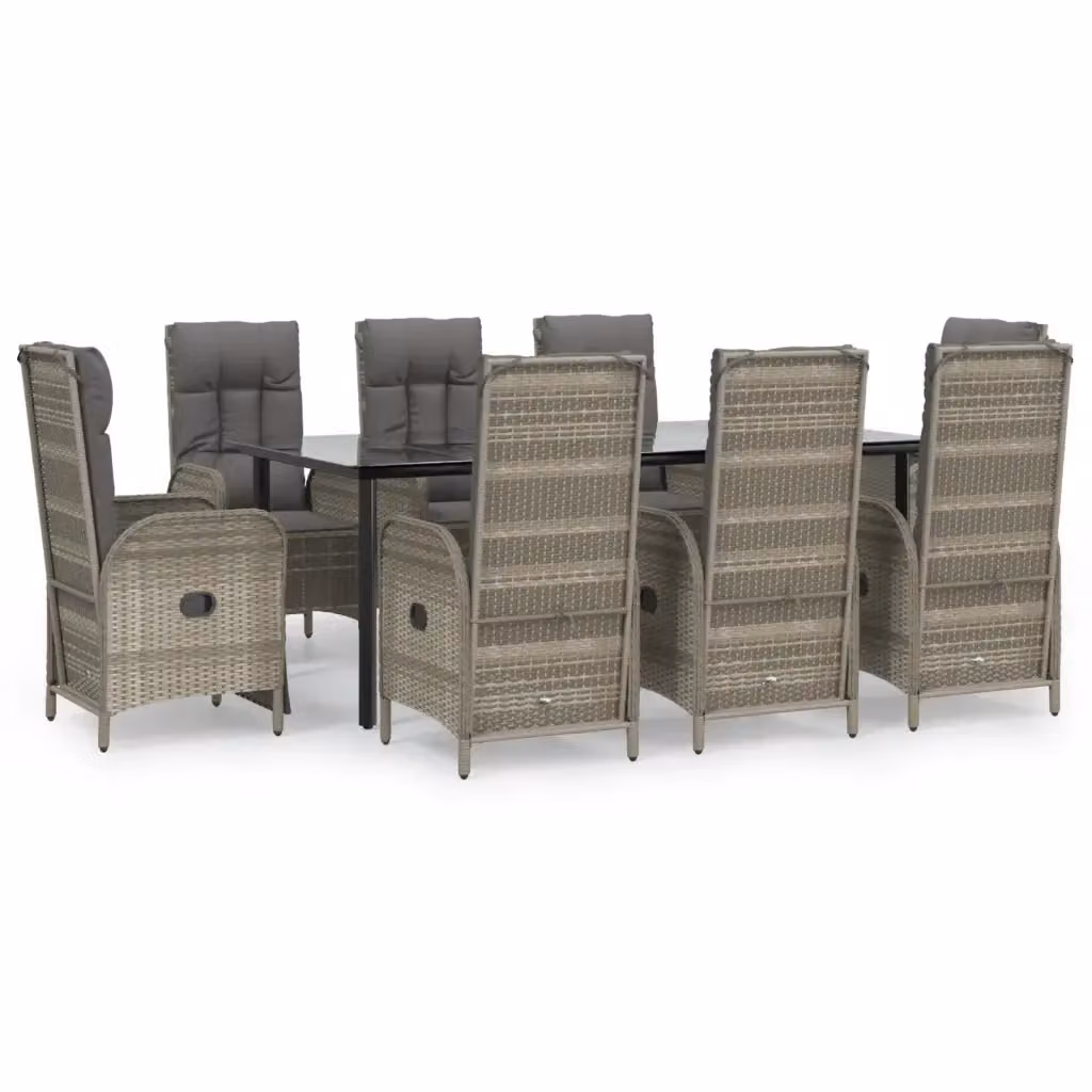 Set da Pranzo da Giardino Moderno vidaXL in Polyrattan con Cuscini Nero e Grigio, 9 Pezzi – 2