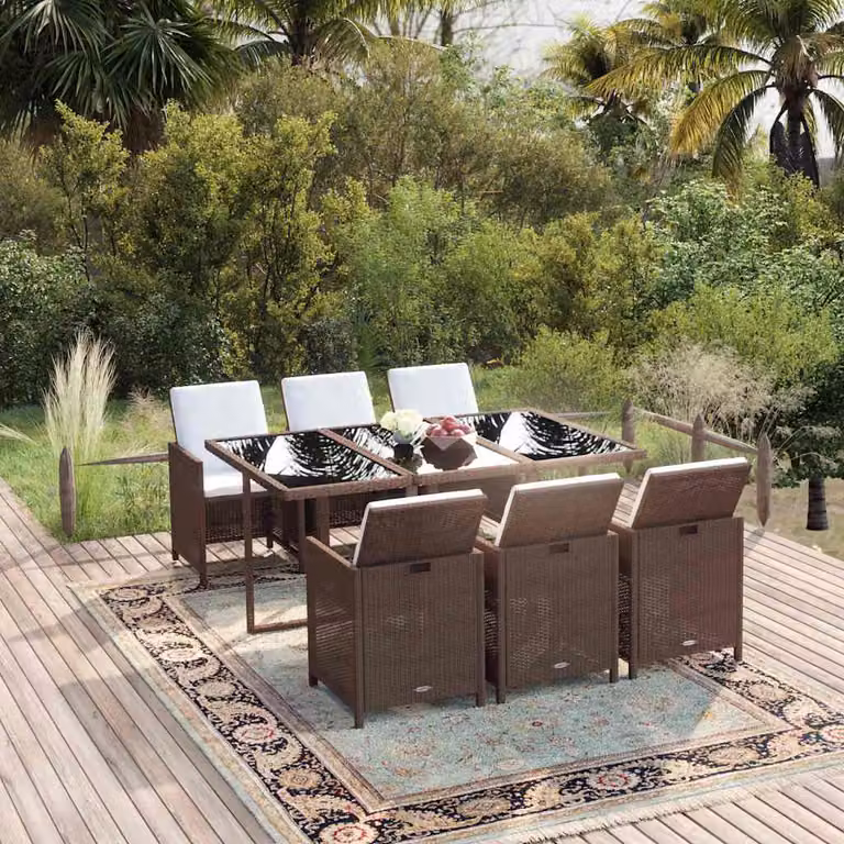 Set da pranzo da giardino moderno vidaXL in polyrattan marrone e bianco con tavolo in vetro e 7 pezzi con cuscini
