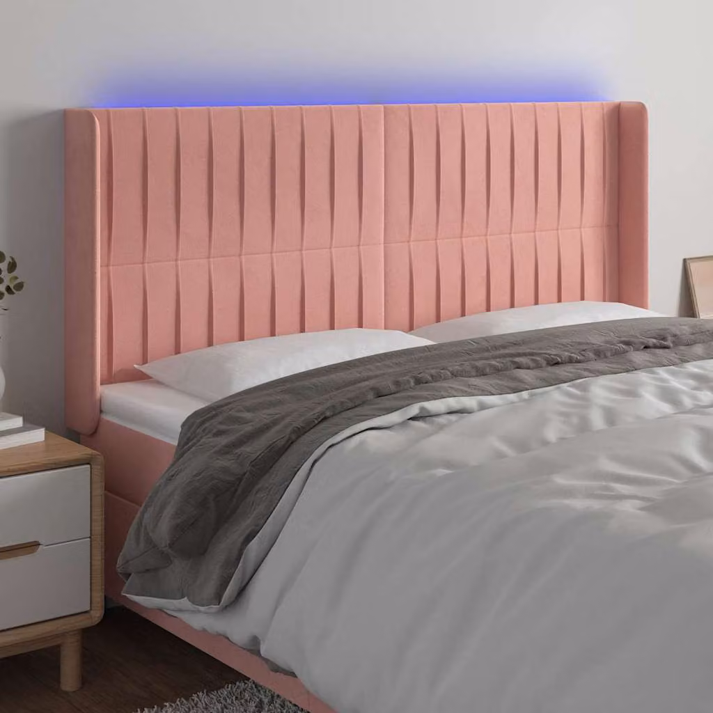 Testiera per letto vidaXL in velluto rosa con illuminazione LED e porta di ricarica USB, L: 203 cm, P: 16 cm, H: 118/128 cm