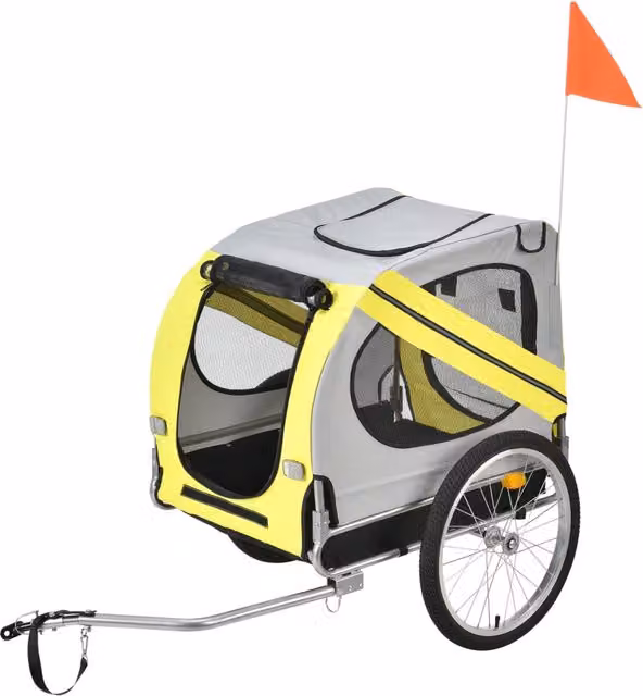 Rimorchio per Bicicletta per Trasporto Cani 138 x 71 x 90 cm Carrello per Trasporto Animali Domestici Carico Max.26 kg - Giallo-Griggio-Nero