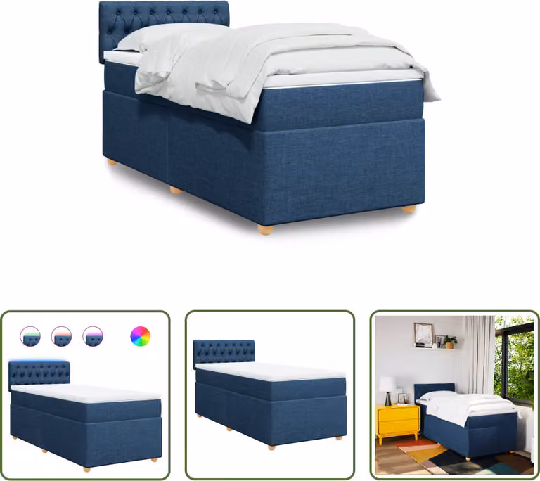 The Living Store Letto a molle con materasso blu 90x190 cm in tessuto