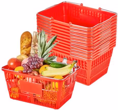Set di 12 cestini per la spesa impilabili VEVOR in plastica PE rossa da 21 litri con manici in metallo, portatili per supermercati e negozi, portata 6,8 kg