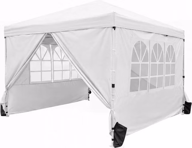 Gazebo da esterno pieghevole DESIGN IN in tessuto Oxford e acciaio, Bianco/Argento, L: 300 cm x P: 300 cm x H: 268 cm, con pareti rimovibili e finestre trasparenti