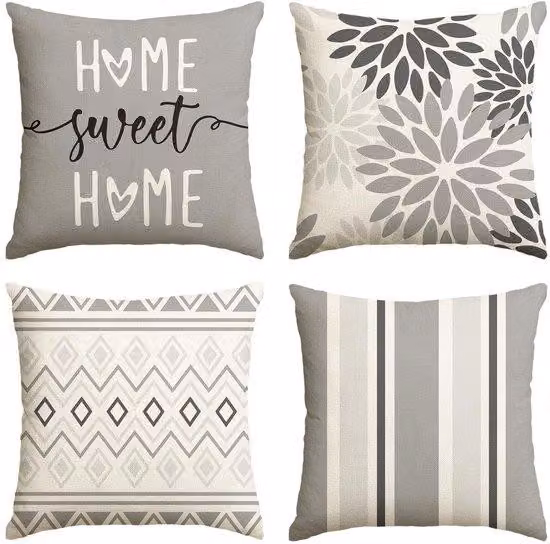 Set di 4 fodere per cuscini geometriche grigie primaverili, 45 x 45 cm, decorazione per il soggiorno e l'esterno