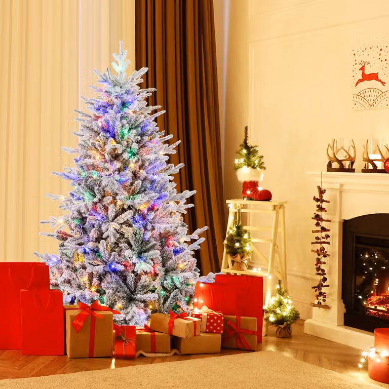 Albero di Natale artificiale Costway rivestito di neve con luci LED RGB e 8 modalità luminose, colore verde e bianco, Altezza: 186 cm